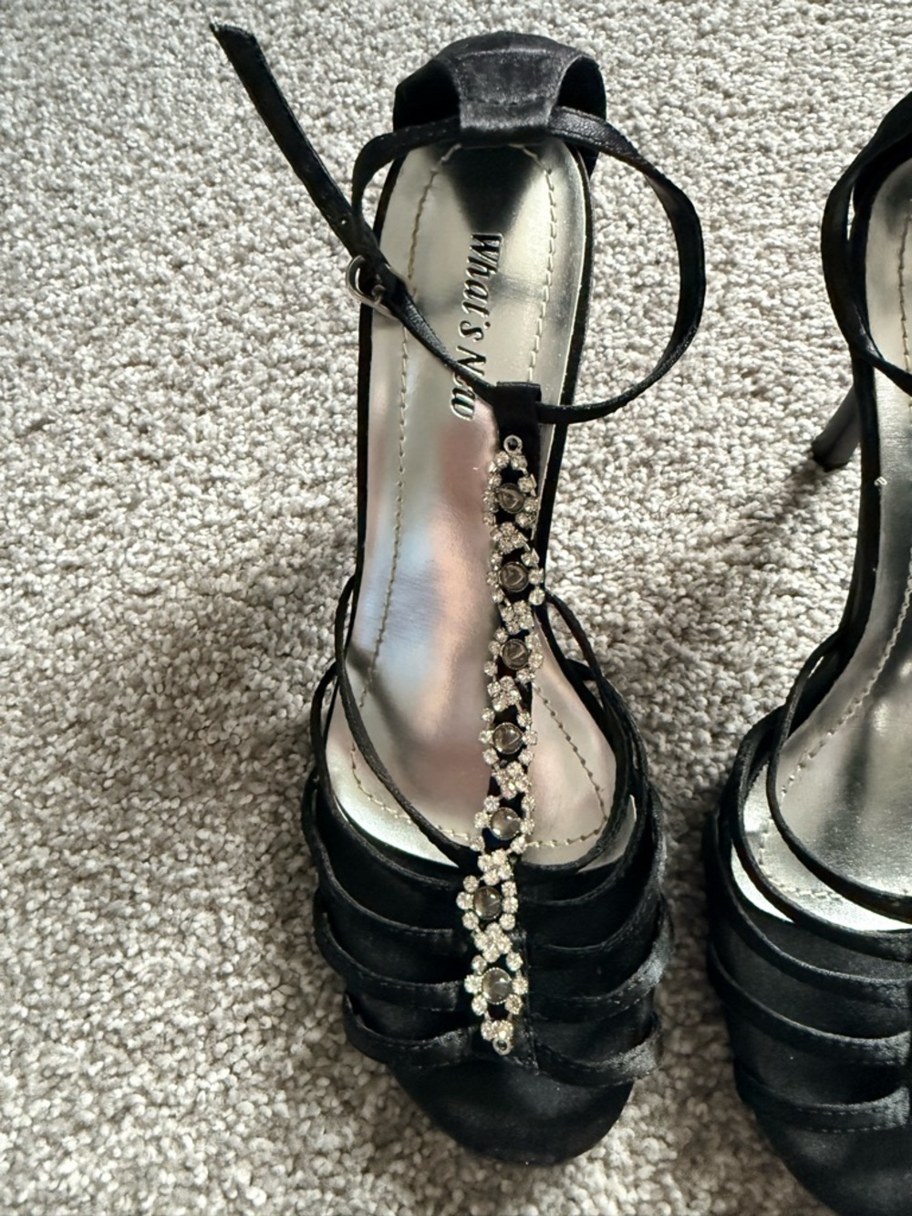 Windsor Smith Black Satin T-Strap Heels with Crystal Embellishment - Picture 3 of 8